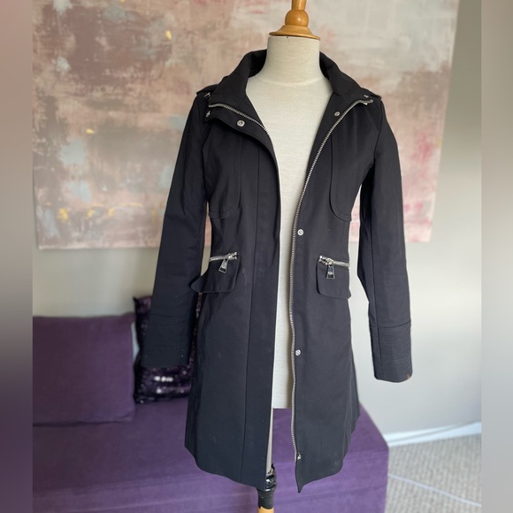 Karl Lagerfeld Paris black trench coat, removable hood & silver hardware size XS - Picture 3 of 17
